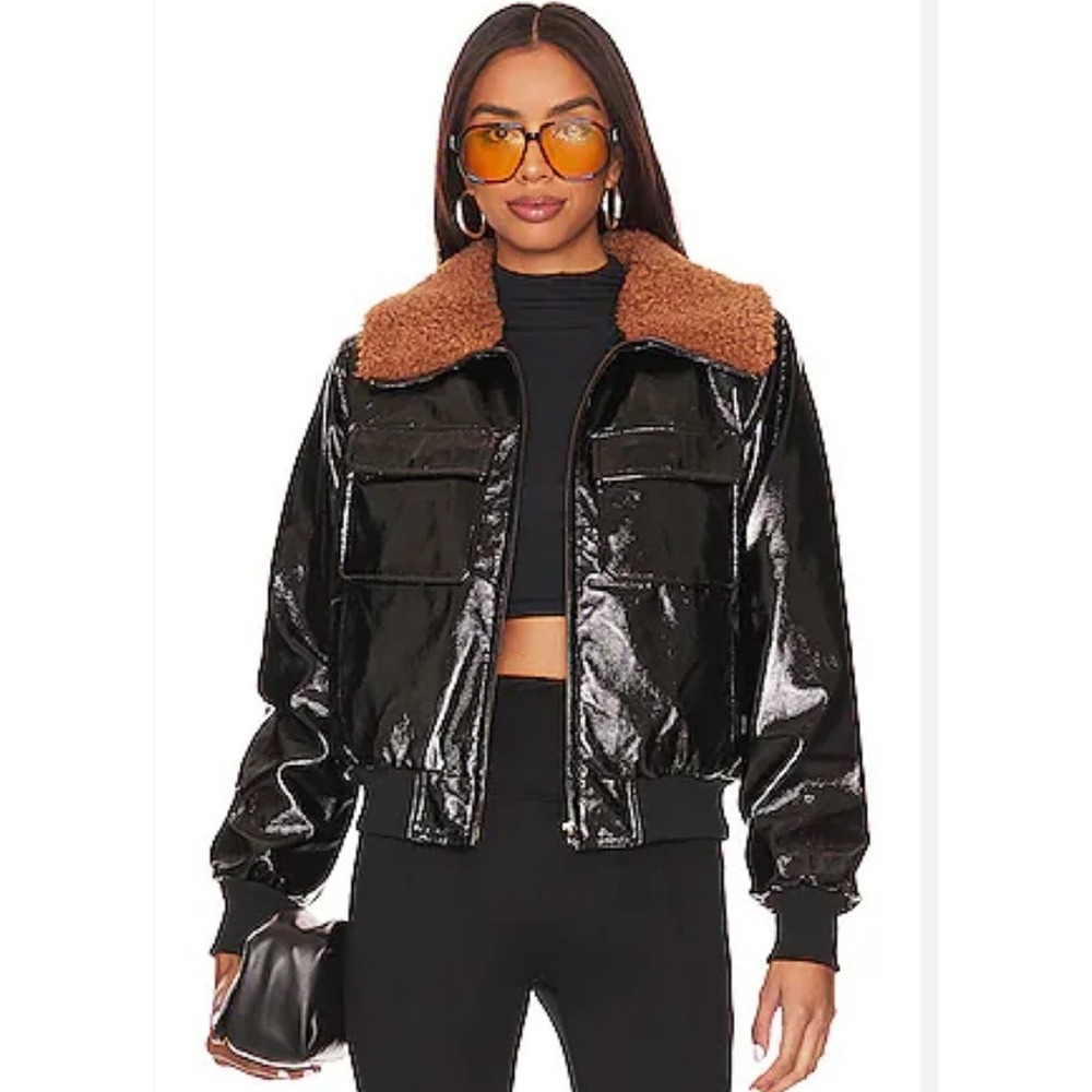 Mother The Pilot‎ Jacket Black Patent Faux Leather Faux Fur Bomber S